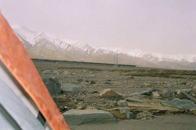 New Shanghai/Lhasa train skirts the KunlunShan. View from tent.